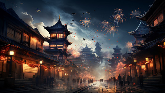 中式古建筑街道景观背景图片