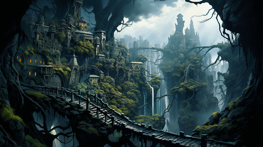 山崖上的梦幻城市背景图片