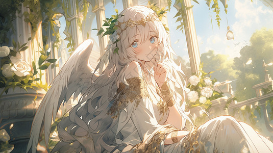 天使花环坐在森林里的天使插画