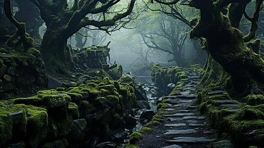 古老大树古老的森林里的石道背景