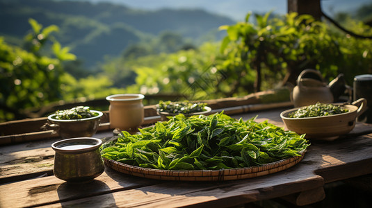 晾晒的茶叶茶园边发酵高清图片