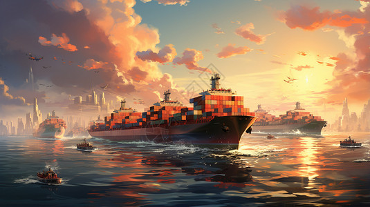 海运运输海洋中的大型运输货船插画
