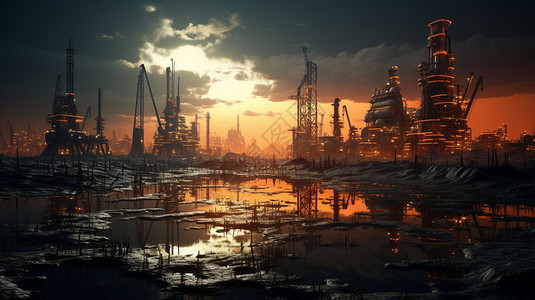 大型的石油挖掘油田创意插图背景图片