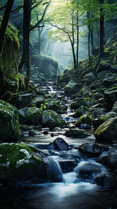 夏季森林溪流的美丽景观图片
