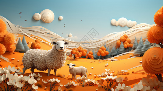 乡间羊群的创意插图背景图片