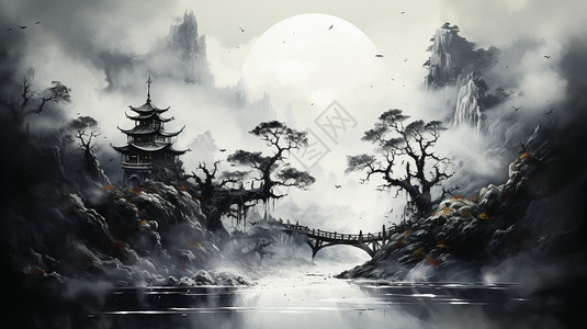 中式山间风水水墨画背景图片