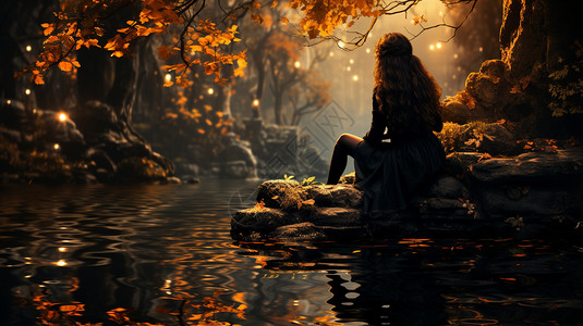 森林里河边的女孩图片