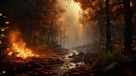 秋天森林火灾烟雾背景图片