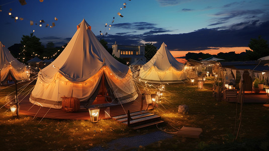 黄昏田野里的帐篷背景图片