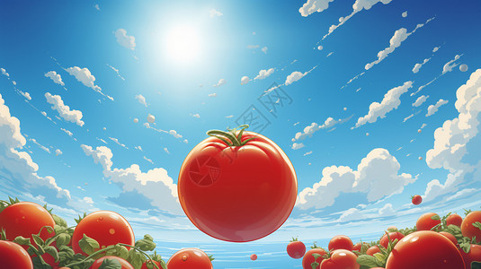 西红柿漂浮在天空下背景图片