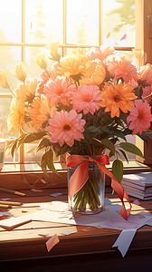 桌子上的鲜花插画