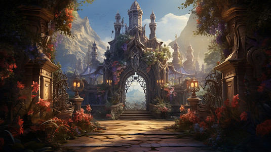 梦幻花园里的古典城堡背景图片