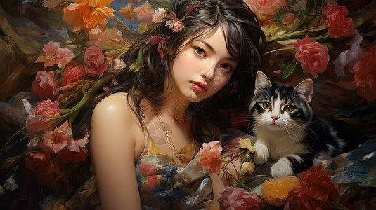 鲜花里的美女和猫背景图片