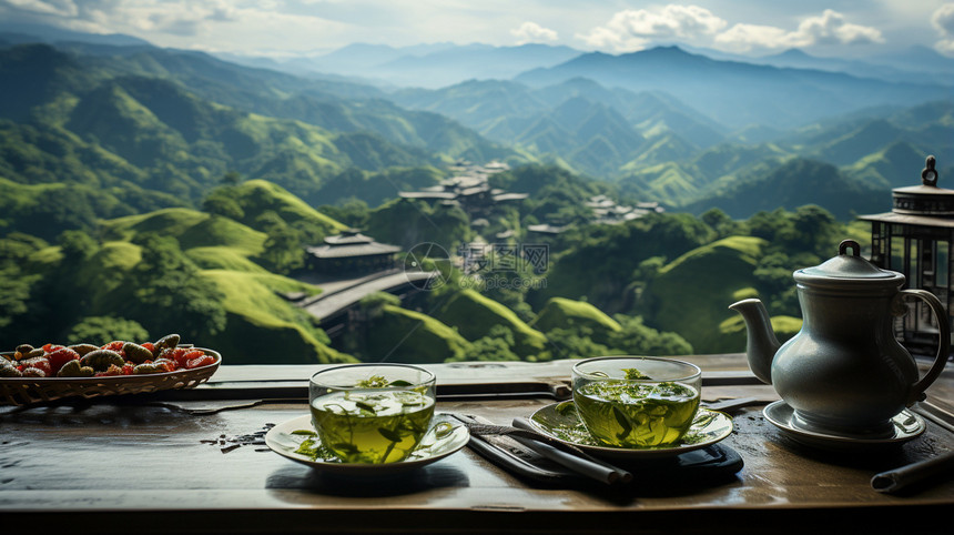 夏季山谷中的品茶文化图片