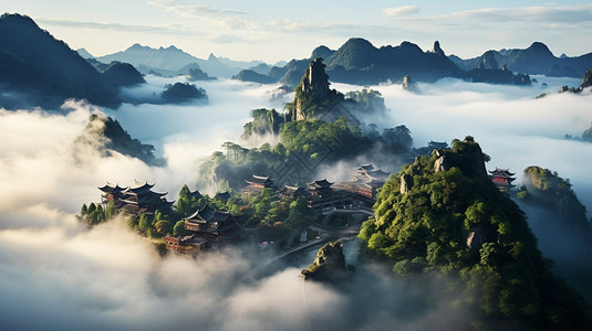 城堡英亩修道院迷雾笼罩的山间风景插画