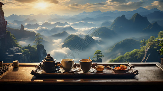 日出山间的品茶文化图片