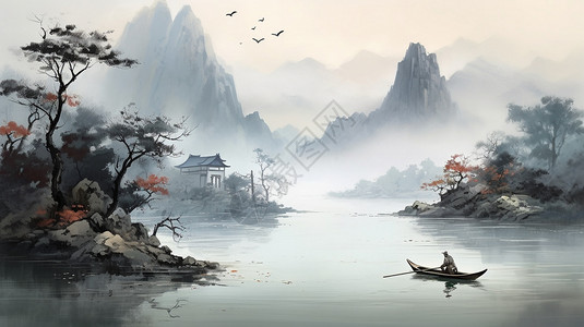 中式古风的山间意境水墨画图片
