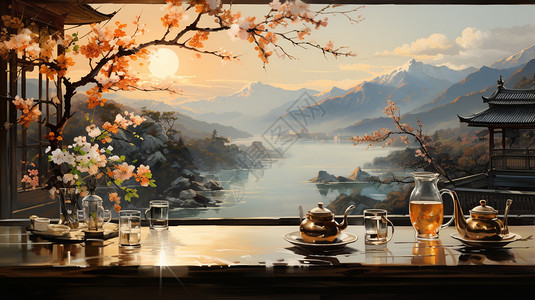 中式古风的山间品茶文化图片