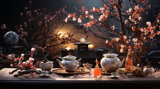 桌子上的中式茶具图片