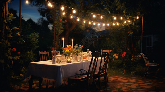 院子挂灯下的餐桌背景
