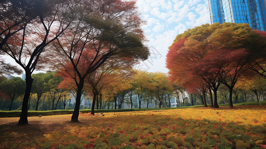 秋天公园里泛黄的草地背景图片