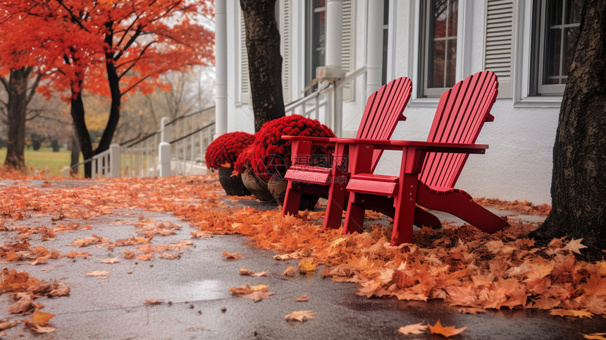 落叶间的红色椅子图片