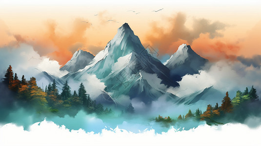 水彩雪山插图图片