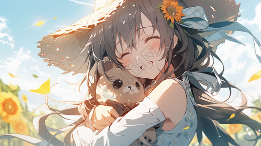 小熊与向日葵拥抱小熊的女孩插画