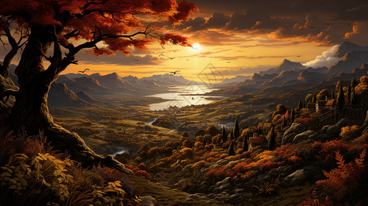日出山间种植的田野景观背景图片