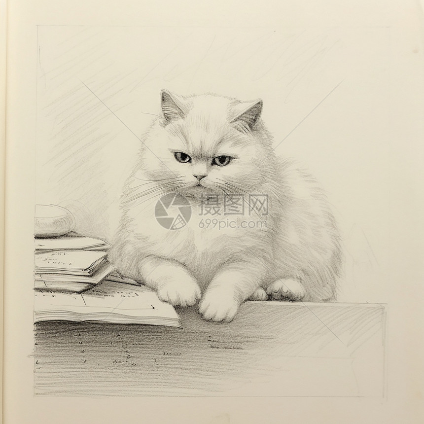 手绘艺术的宠物猫咪素描画图片