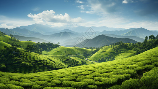 山茶山乡村农业种植的茶园景观插画