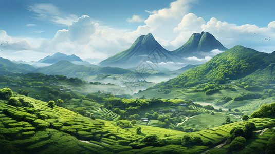 山茶山山间种植的茶园景观插画