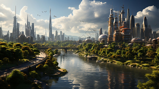 科幻的未来城市建筑景观背景图片