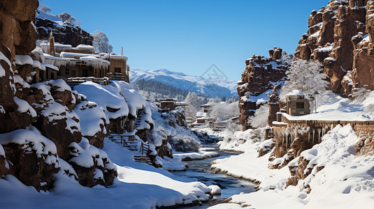 村落雪景冬季陡峭悬崖上的村落插画