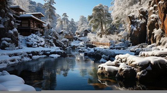 村落雪景冬季河岸旁的古代村落插画