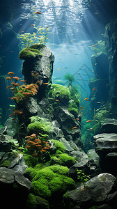 水底的岩石苔藓景观图片