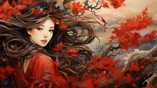 秋季枫树下的国风美女背景图片