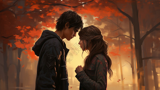 秋季街道上浪漫的情侣背景图片