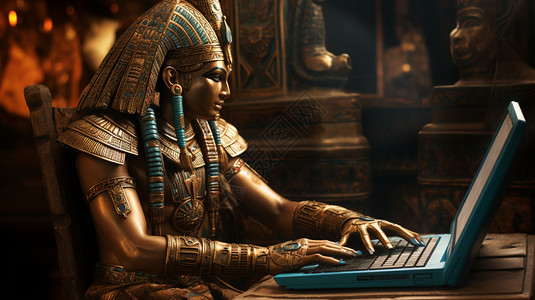 玩电脑的埃及法老高清图片