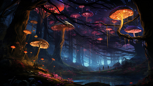 夜晚树林中神秘的蘑菇背景图片