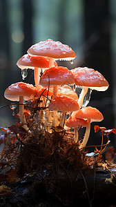 雨后华东树林中新生的蘑菇设计图片