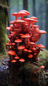 天然原木树林中天然的红色蘑菇插画