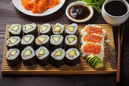 美味的寿司寿司蘸料高清图片