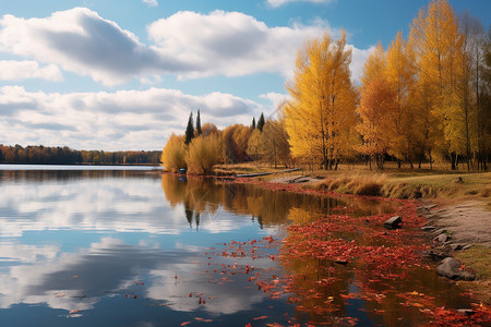 秋叶倒映湖面图片