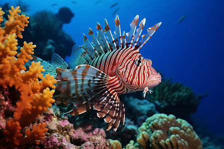 彩色珊瑚礁中游动的狮子鱼背景图片