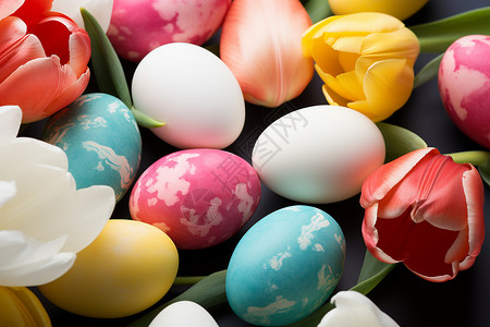 五彩斑斓的复活节彩蛋和鲜花背景图片