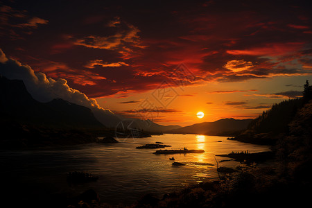 夏日黄昏下的湖面夕阳背景图片