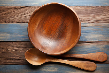 木汤匙木质的碗和勺子背景