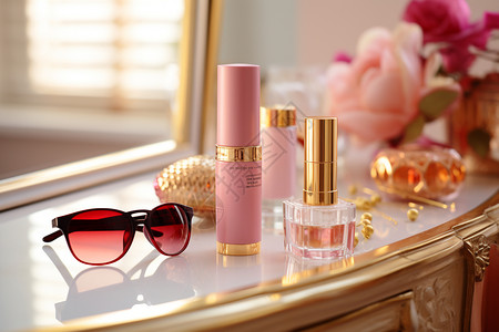 粉色化妆台化妆台上的口红和太阳镜背景