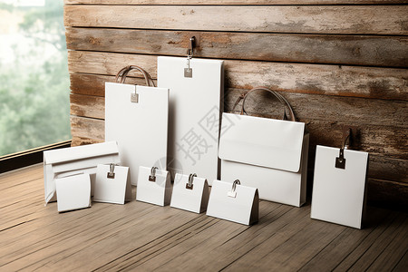 公司品牌桌上的白色纸袋设计图片